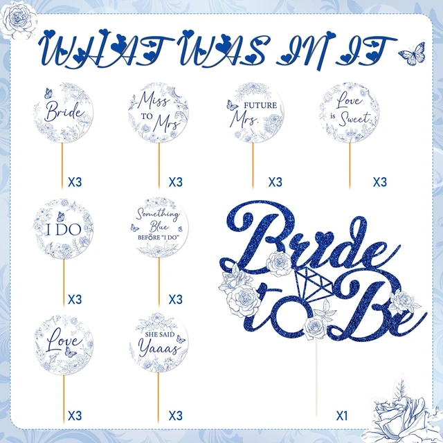 Alt view image 3 of 7 - Bridal Shower Cupcake Toppers - 25 Pcs Something Blue Before I Do | Bachelorette Bride To Be Engagement Wedding Party Decorations Supplies, and White Floral Flower Table Decor Topper