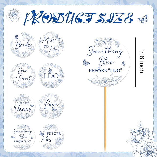 Alt view image 5 of 7 - Bridal Shower Cupcake Toppers - 25 Pcs Something Blue Before I Do | Bachelorette Bride To Be Engagement Wedding Party Decorations Supplies, and White Floral Flower Table Decor Topper