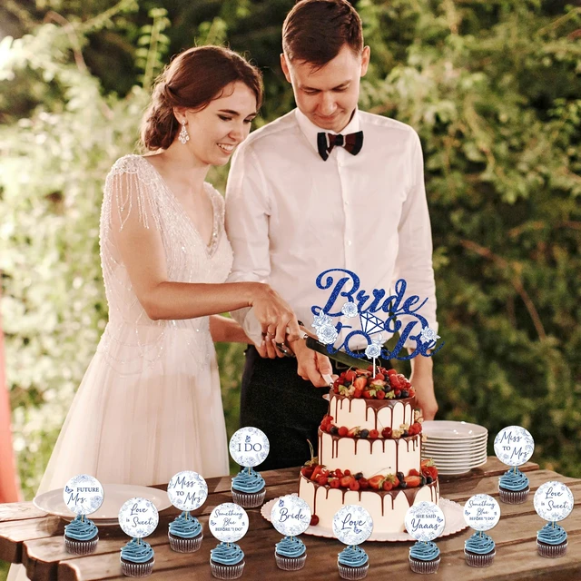 Alt view image 6 of 7 - Bridal Shower Cupcake Toppers - 25 Pcs Something Blue Before I Do | Bachelorette Bride To Be Engagement Wedding Party Decorations Supplies, and White Floral Flower Table Decor Topper