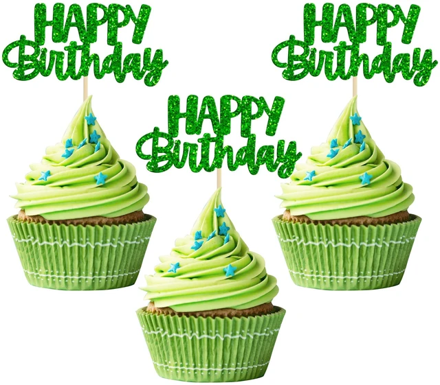 Main image of 24Pcs Happy Birthday Cupcake Toppers Glitter Birthday Cupcake Food Picks for Celebrating Wedding Anniversary Party Cake Decorations Supplies Green