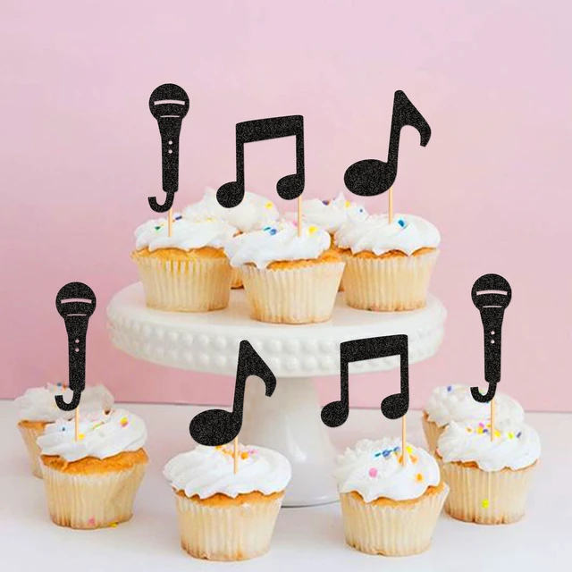 Alt view image 2 of 7 - 24Pcs Music Notes Cupcake Toppers Black Glitter Musical Symbol Microphone Cupcake Picks for Music Baby Shower Singer Birthday KTV Concert Party Cake Decorations Supplies