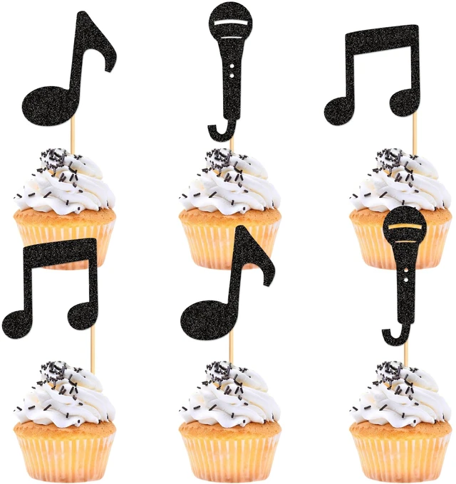 Main image of 24Pcs Music Notes Cupcake Toppers Black Glitter Musical Symbol Microphone Cupcake Picks for Music Baby Shower Singer Birthday KTV Concert Party Cake Decorations Supplies