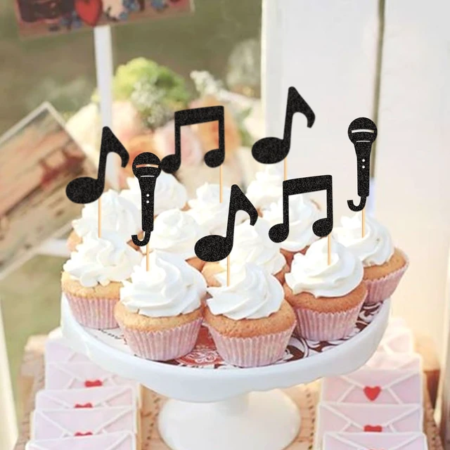Alt view image 3 of 7 - 24Pcs Music Notes Cupcake Toppers Black Glitter Musical Symbol Microphone Cupcake Picks for Music Baby Shower Singer Birthday KTV Concert Party Cake Decorations Supplies