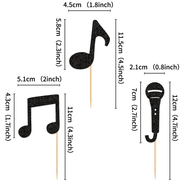 Alt view image 4 of 7 - 24Pcs Music Notes Cupcake Toppers Black Glitter Musical Symbol Microphone Cupcake Picks for Music Baby Shower Singer Birthday KTV Concert Party Cake Decorations Supplies