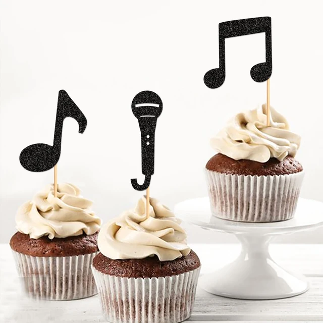 Alt view image 5 of 7 - 24Pcs Music Notes Cupcake Toppers Black Glitter Musical Symbol Microphone Cupcake Picks for Music Baby Shower Singer Birthday KTV Concert Party Cake Decorations Supplies