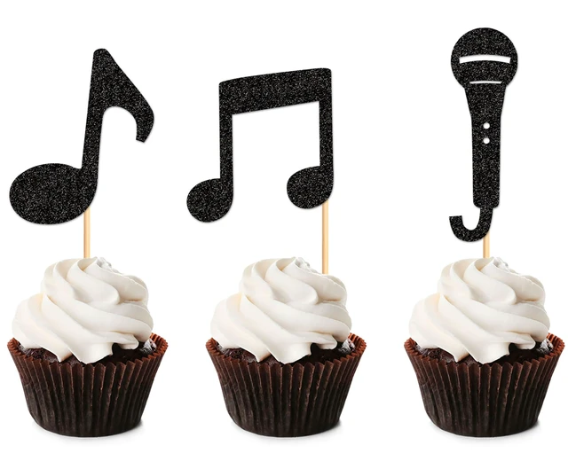 Alt view image 7 of 7 - 24Pcs Music Notes Cupcake Toppers Black Glitter Musical Symbol Microphone Cupcake Picks for Music Baby Shower Singer Birthday KTV Concert Party Cake Decorations Supplies