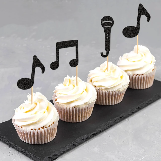 Alt view image 6 of 7 - 24Pcs Music Notes Cupcake Toppers Black Glitter Musical Symbol Microphone Cupcake Picks for Music Baby Shower Singer Birthday KTV Concert Party Cake Decorations Supplies