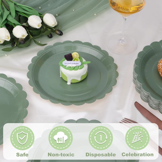 Alt view image 2 of 7 - 52 Pcs Sage Green Paper Plates 7 Inch Scalloped Dessert Plates - Disposable Sage Green Cake Plate - Baby Shower Birthday Party Wedding Bridal Party Supplies