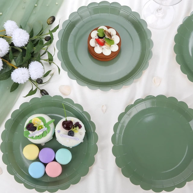 Alt view image 3 of 7 - 52 Pcs Sage Green Paper Plates 7 Inch Scalloped Dessert Plates - Disposable Sage Green Cake Plate - Baby Shower Birthday Party Wedding Bridal Party Supplies