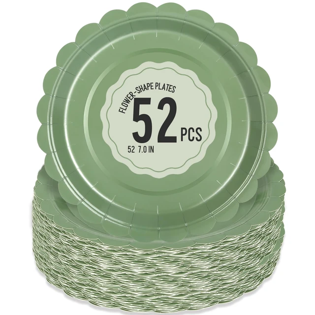 Alt view image 4 of 7 - 52 Pcs Sage Green Paper Plates 7 Inch Scalloped Dessert Plates - Disposable Sage Green Cake Plate - Baby Shower Birthday Party Wedding Bridal Party Supplies