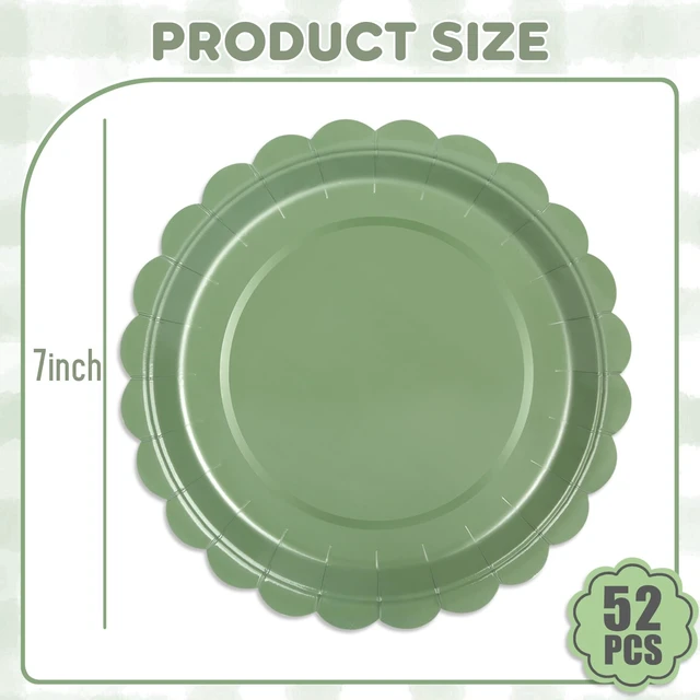 Alt view image 5 of 7 - 52 Pcs Sage Green Paper Plates 7 Inch Scalloped Dessert Plates - Disposable Sage Green Cake Plate - Baby Shower Birthday Party Wedding Bridal Party Supplies