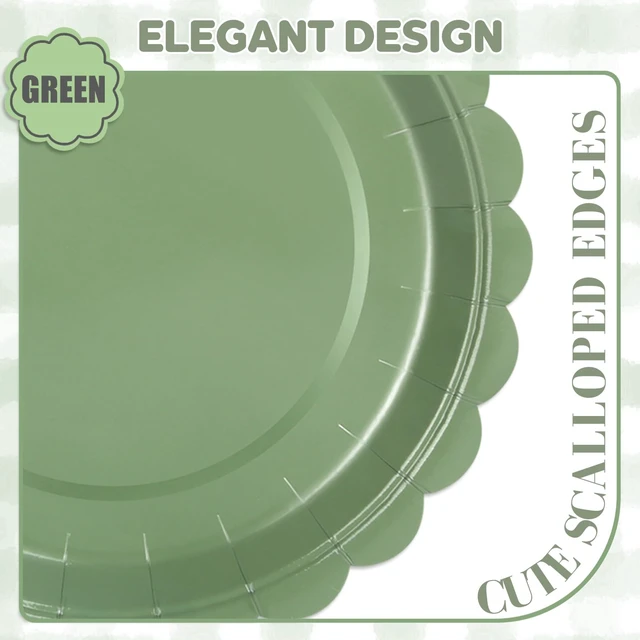 Alt view image 6 of 7 - 52 Pcs Sage Green Paper Plates 7 Inch Scalloped Dessert Plates - Disposable Sage Green Cake Plate - Baby Shower Birthday Party Wedding Bridal Party Supplies