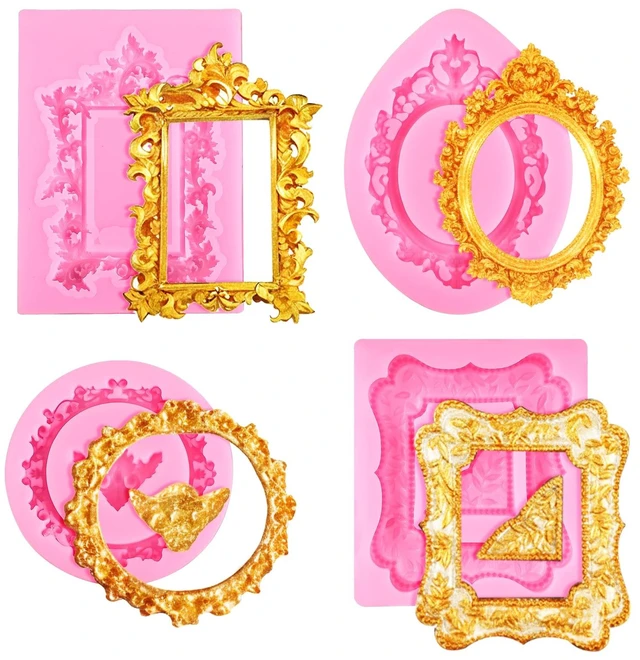 Main image of 4 Pcs Photo Frame Silicone Molds, Baroque Style Air Dry Clay Molds, Mini Frame Molds Silicone for Cupcake Topper Cake Decoration Chocolate Candy Polymer Clay