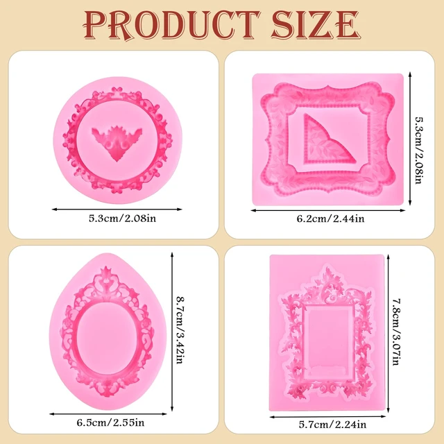 Alt view image 5 of 7 - 4 Pcs Photo Frame Silicone Molds, Baroque Style Air Dry Clay Molds, Mini Frame Molds Silicone for Cupcake Topper Cake Decoration Chocolate Candy Polymer Clay