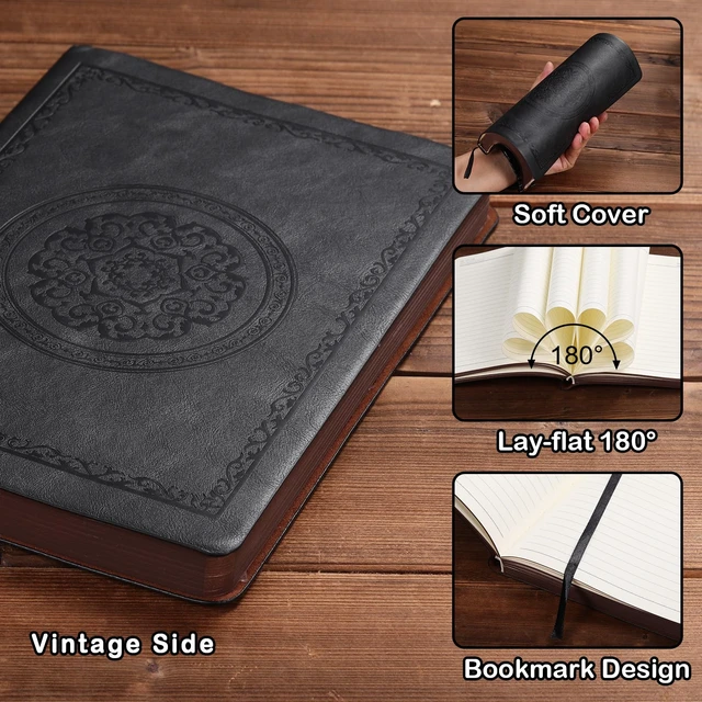 Alt view image 3 of 5 - A5 Leather Journal Notebook, 300 Lined Pages, Softcover, Black | Leather Softcover Ruled Writing Layout Embossed Cover Design 5.7 x 8.3 Inches for writing, work, school, travel