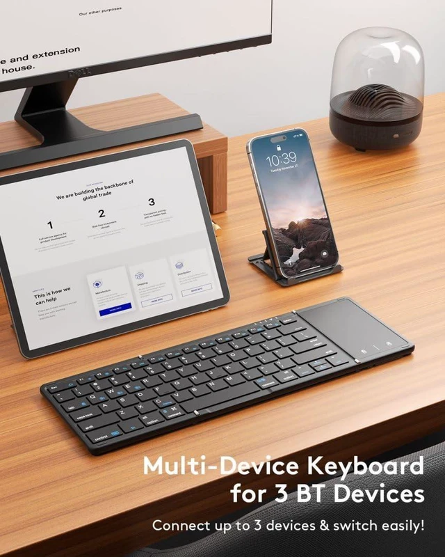 Alt view image 9 of 14 - Full-Size Foldable Bluetooth Keyboard with Large Touchpad, Black | Multi-touch Trackpad, BT5.1x 3, Easily Switch, Phone Holder, Mouse click, Mobile Workflow, Velvet Bag, Business Travel Use