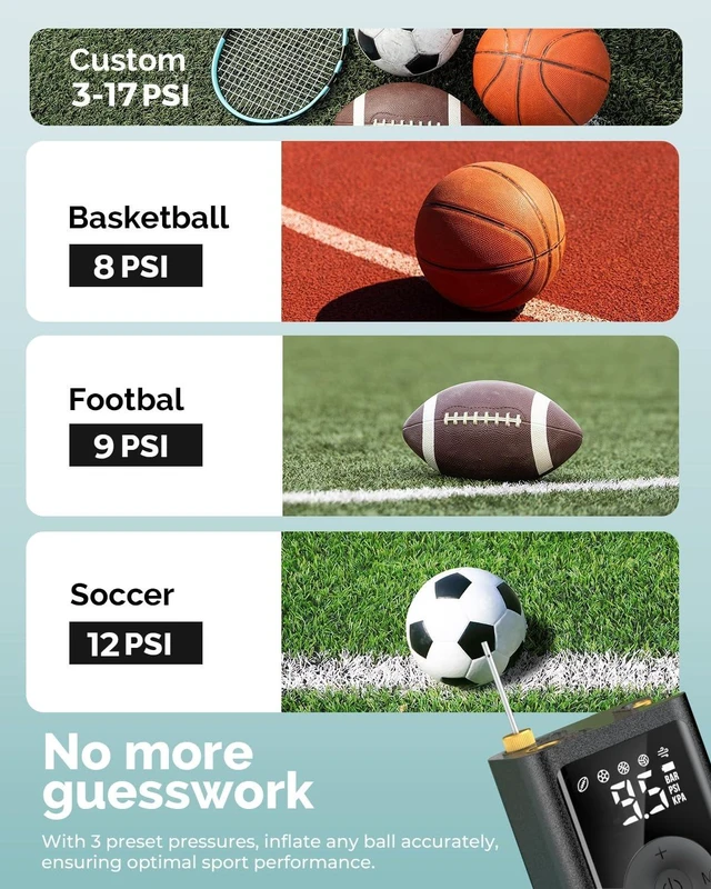 Alt view image 11 of 14 - Electric Ball Pump Inflation & Deflation with 2600mAh Battery | 3-17PSI Basketball Pump with Precise Pressure Gauge and Ball Needles, Rechargeable Air Pump for Football, Soccer, Volleyball
