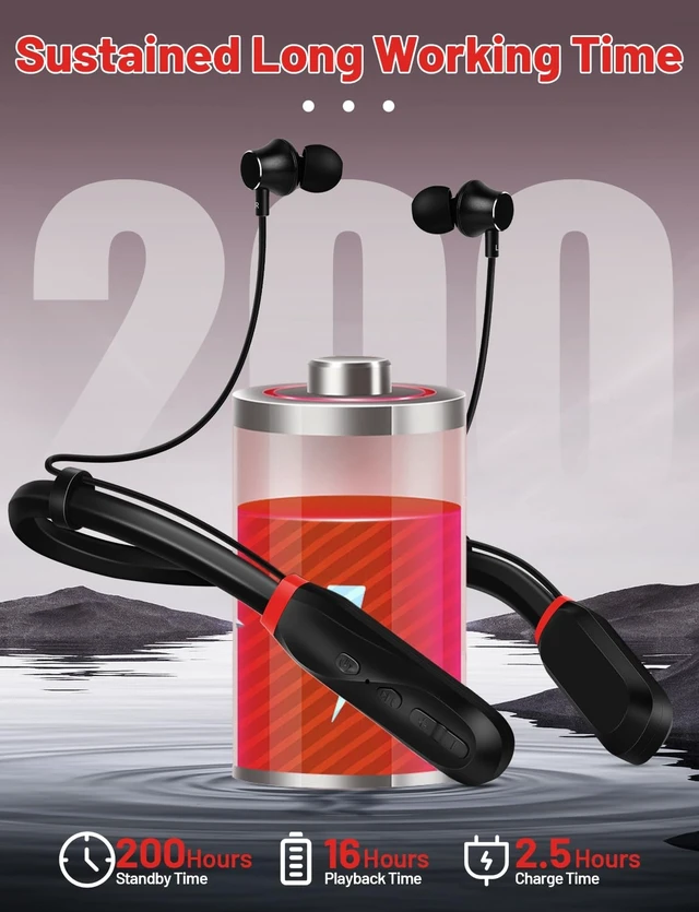 Alt view image 9 of 14 - Neckband Bluetooth Headphones, 200H Long Playtime Wireless Stereo Neckband Earbuds with Microphone, Waterproof Around The Neck Headphones in Ear Headset for Sports/Workout/Office (Black)