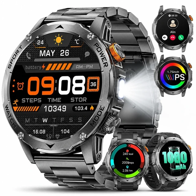 Alt view image 8 of 14 - Smart Watch for Men with 1000mAh Battery/Flashlight, 1.75'' Military Smartwatch with 5ATM Waterproof/Heart Rate/Sleep Monitor,Answer Make Calls Fitness Tracker for Android iPhone Black