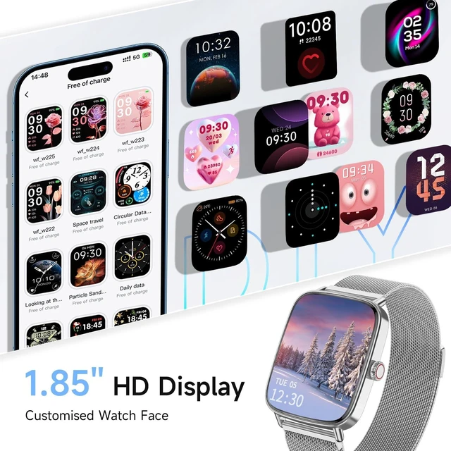 Alt view image 14 of 14 - Smart Watch for Men Women, 1.85" HD Smartwatch Compatible iPhone/Samsung/Android (Answer/Make Calls), 100+ Sport Modes Fitness Tracker with Heart Rate/Sleep/Step Monitor, IP68 Waterproof