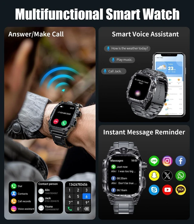 Alt view image 9 of 12 - Men's Military Smart Watch (Answer/Make Calls) 2 Inch HD Screen Outdoor Sport Smartwatch with LED Flashlight 700mAh Battery,Heart Rate/Sleep Monitor Fitness,Green (Gray)