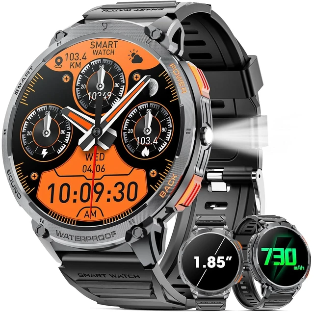 Alt view image 8 of 14 - Military Smart Watch for Men 1.85" HD Touch Screen 730mAh Battery Smart Watches with LED Flashlight for Android iOS Bluetooth Call Answer/Dial Calls Fitness Tracker with Heart Rate Blood