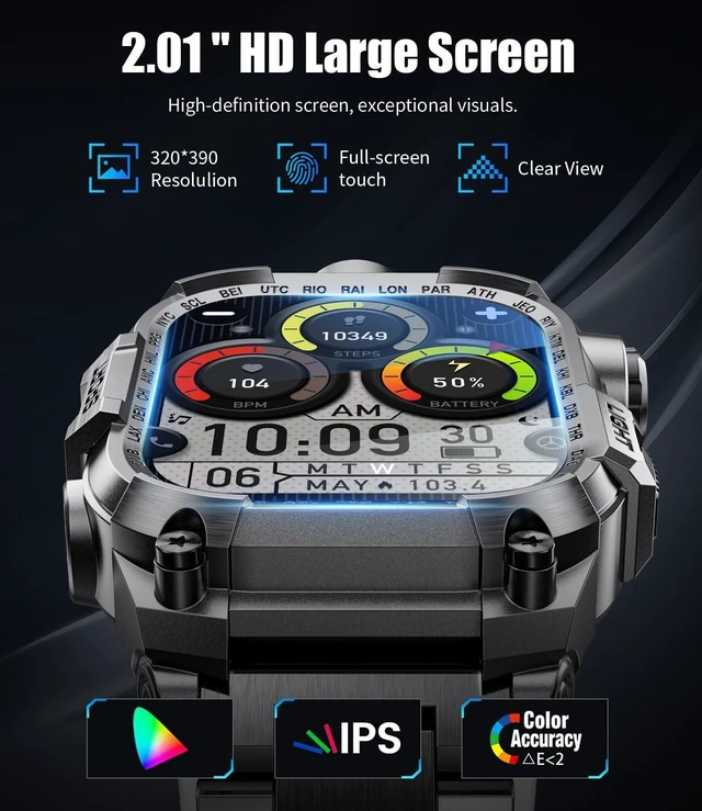 Alt view image 8 of 12 - Men's Military Smart Watch (Answer/Make Calls) 2 Inch HD Screen Outdoor Sport Smartwatch with LED Flashlight 700mAh Battery,Heart Rate/Sleep Monitor Fitness,Green (Gray)