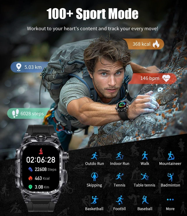 Alt view image 11 of 12 - Men's Military Smart Watch (Answer/Make Calls) 2 Inch HD Screen Outdoor Sport Smartwatch with LED Flashlight 700mAh Battery,Heart Rate/Sleep Monitor Fitness,Green (Gray)