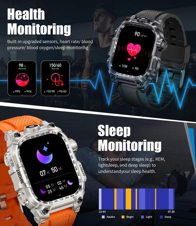 Alt view image 12 of 12 - Men's Military Smart Watch (Answer/Make Calls) 2 Inch HD Screen Outdoor Sport Smartwatch with LED Flashlight 700mAh Battery,Heart Rate/Sleep Monitor Fitness,Green (Gray)
