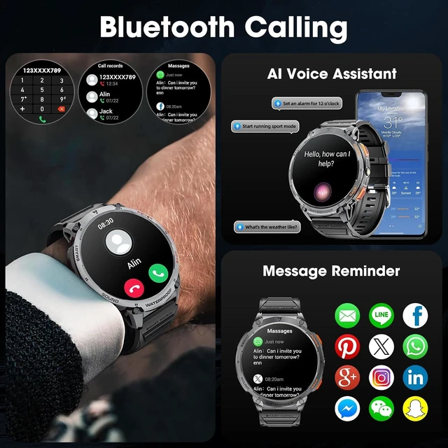 Alt view image 14 of 14 - Military Smart Watch for Men 1.85" HD Touch Screen 730mAh Battery Smart Watches with LED Flashlight for Android iOS Bluetooth Call Answer/Dial Calls Fitness Tracker with Heart Rate Blood