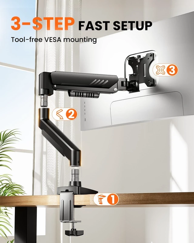 Alt view image 12 of 14 - Single Monitor Arm, Fully Adjustable Monitor Mount for 1334 Inch Screens, Fast Install Computer Monitor Stand with Tool-Free VESA Mount, Cable Management, Holds 19.8 lbs
