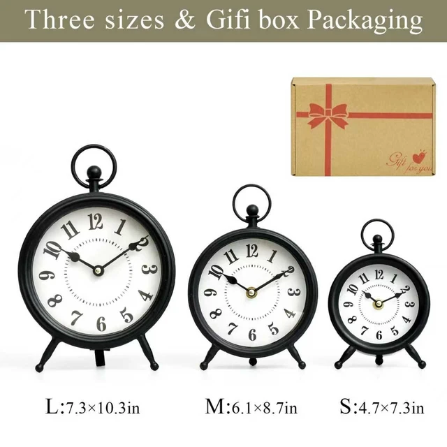 Alt view image 9 of 12 - Vintage Black Table Clock on Stand, Decorative Desk and Shelf Clock, Rustic Mantel Clock Farmhouse Clock Non-Ticking