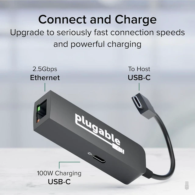 Alt view image 9 of 14 - Plugable USB C to Ethernet Adapter 2.5Gb with 100W USB-C PD Charging, 2.5 Gigabit Type C USB Ethernet Adapter for Windows, MacBook, Chrome, iPad, Surface, XPS, Thunderbolt 4, USB4 (USBC-E2500PD)