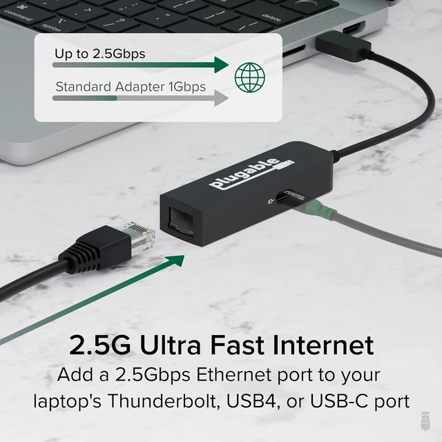 Alt view image 10 of 14 - Plugable USB C to Ethernet Adapter 2.5Gb with 100W USB-C PD Charging, 2.5 Gigabit Type C USB Ethernet Adapter for Windows, MacBook, Chrome, iPad, Surface, XPS, Thunderbolt 4, USB4 (USBC-E2500PD)
