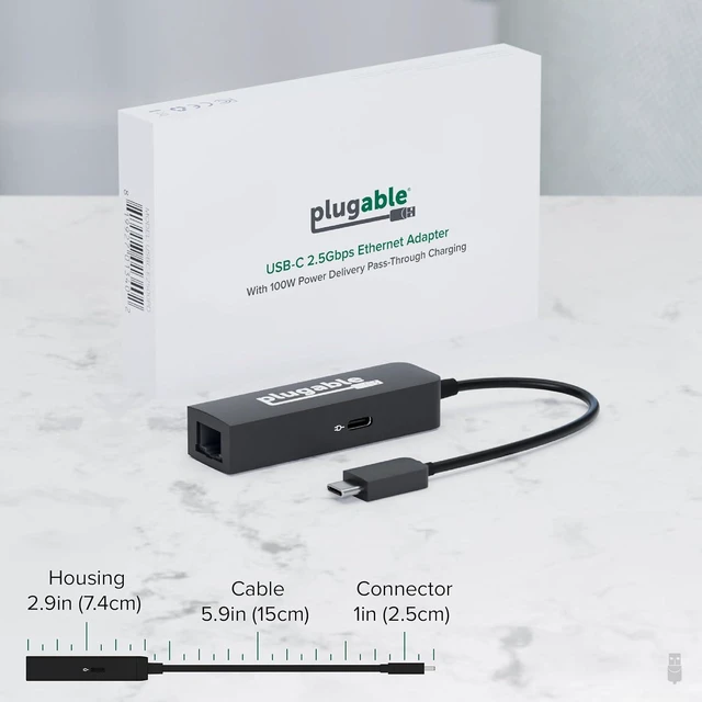 Alt view image 14 of 14 - Plugable USB C to Ethernet Adapter 2.5Gb with 100W USB-C PD Charging, 2.5 Gigabit Type C USB Ethernet Adapter for Windows, MacBook, Chrome, iPad, Surface, XPS, Thunderbolt 4, USB4 (USBC-E2500PD)