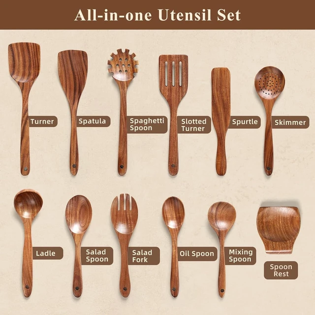 Alt view image 9 of 14 - Wooden Spoons for Cooking, 12 Pcs Nonstick Wooden Cooking Utensils Set with Comfort Grip 100% Natural Teak Wood - Sturdy, Lightweight & Heat Resistant Kitchen Utensils