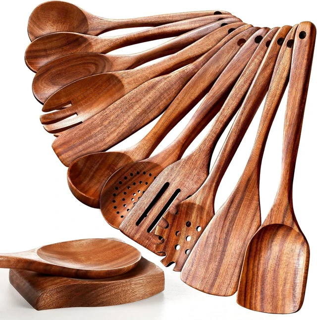 Alt view image 8 of 14 - Wooden Spoons for Cooking, 12 Pcs Nonstick Wooden Cooking Utensils Set with Comfort Grip 100% Natural Teak Wood - Sturdy, Lightweight & Heat Resistant Kitchen Utensils