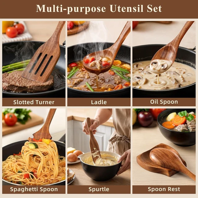 Alt view image 11 of 14 - Wooden Spoons for Cooking, 12 Pcs Nonstick Wooden Cooking Utensils Set with Comfort Grip 100% Natural Teak Wood - Sturdy, Lightweight & Heat Resistant Kitchen Utensils
