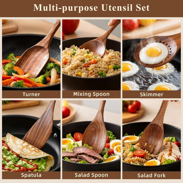 Alt view image 12 of 14 - Wooden Spoons for Cooking, 12 Pcs Nonstick Wooden Cooking Utensils Set with Comfort Grip 100% Natural Teak Wood - Sturdy, Lightweight & Heat Resistant Kitchen Utensils