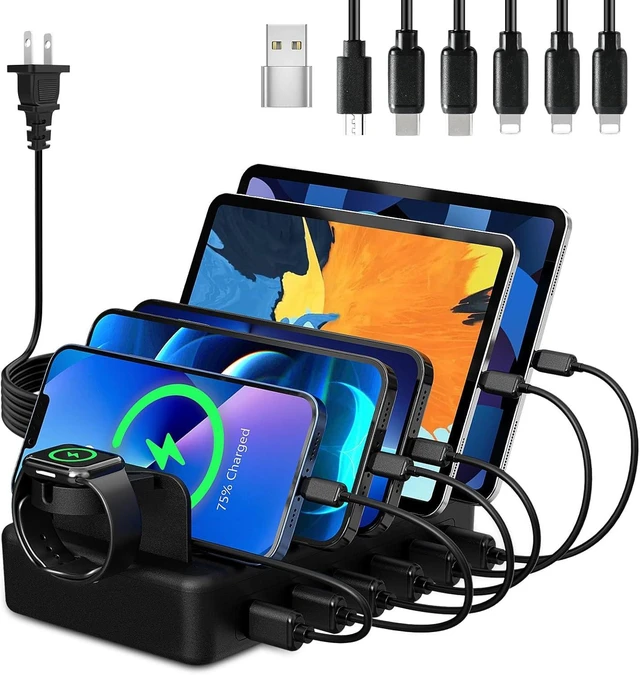 Alt view image 8 of 14 - Charging Station for Multiple Devices, CREATIVE DESIGN 50W 6 Ports USB Charger Station with Apple Watch Holder & 6 Cables, Charging Dock for iPad Cellphone Kindle Tablet and Other Electronic (Black)