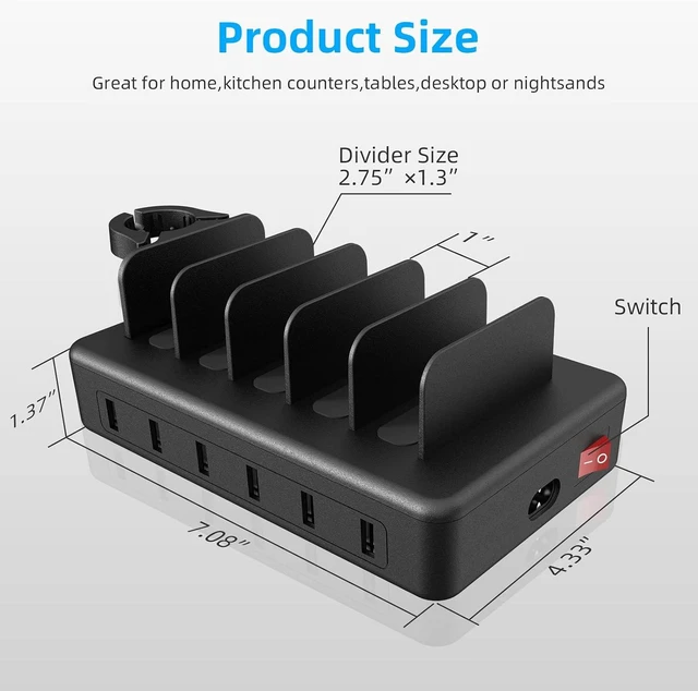 Alt view image 10 of 14 - Charging Station for Multiple Devices, CREATIVE DESIGN 50W 6 Ports USB Charger Station with Apple Watch Holder & 6 Cables, Charging Dock for iPad Cellphone Kindle Tablet and Other Electronic (Black)