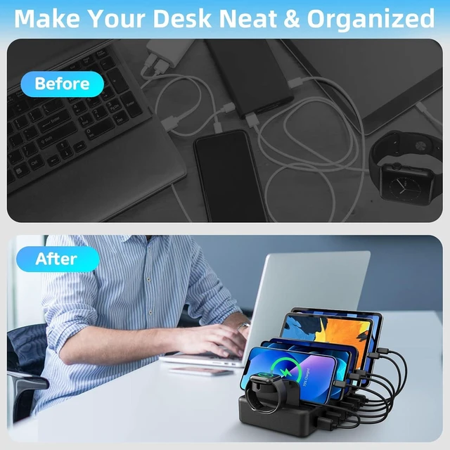 Alt view image 9 of 14 - Charging Station for Multiple Devices, CREATIVE DESIGN 50W 6 Ports USB Charger Station with Apple Watch Holder & 6 Cables, Charging Dock for iPad Cellphone Kindle Tablet and Other Electronic (Black)