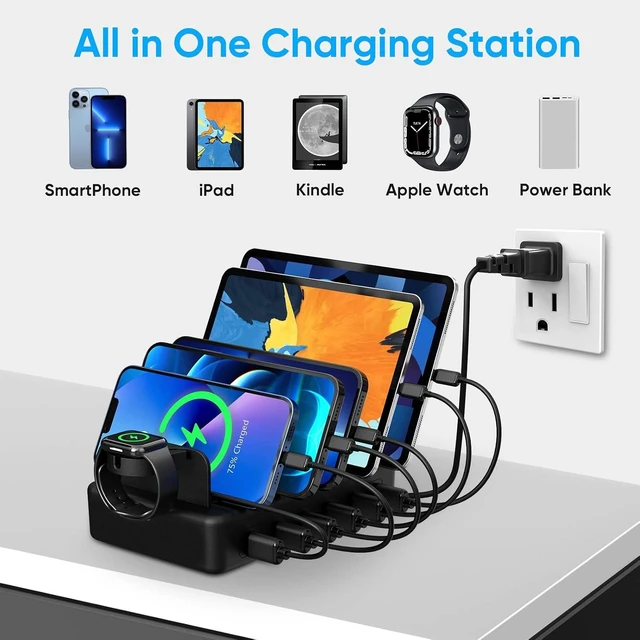 Alt view image 13 of 14 - Charging Station for Multiple Devices, CREATIVE DESIGN 50W 6 Ports USB Charger Station with Apple Watch Holder & 6 Cables, Charging Dock for iPad Cellphone Kindle Tablet and Other Electronic (Black)