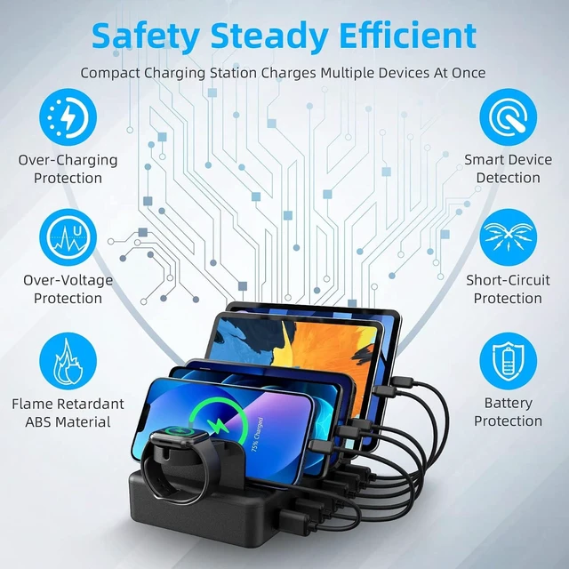 Alt view image 11 of 14 - Charging Station for Multiple Devices, CREATIVE DESIGN 50W 6 Ports USB Charger Station with Apple Watch Holder & 6 Cables, Charging Dock for iPad Cellphone Kindle Tablet and Other Electronic (Black)