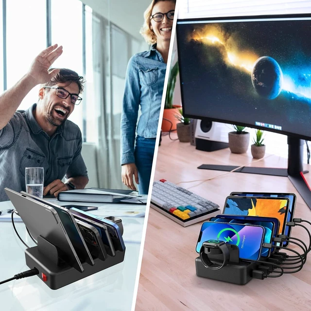Alt view image 14 of 14 - Charging Station for Multiple Devices, CREATIVE DESIGN 50W 6 Ports USB Charger Station with Apple Watch Holder & 6 Cables, Charging Dock for iPad Cellphone Kindle Tablet and Other Electronic (Black)