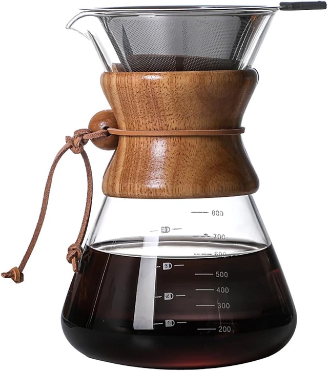 Alt view image 8 of 14 - Pour Over Coffee Maker with Reusable Stainless Steel Drip Filter, Lead-Free Borosilicate Glass Coffee Carafe with Modern Wooden Collar for 1-6Cup, Circular Clear (800ml/27oz)