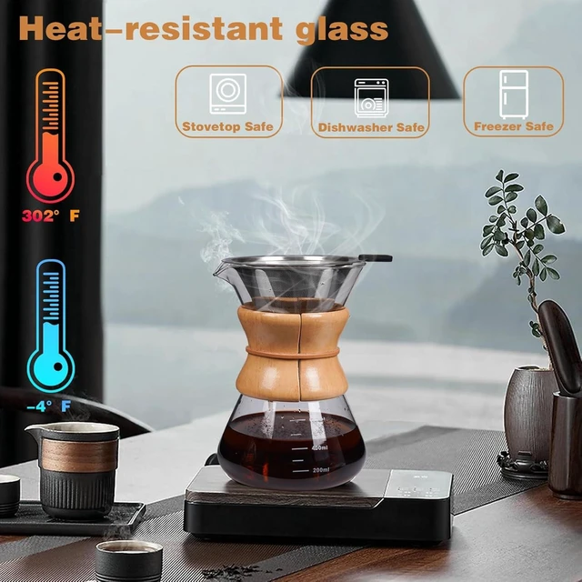 Alt view image 11 of 14 - Pour Over Coffee Maker with Reusable Stainless Steel Drip Filter, Lead-Free Borosilicate Glass Coffee Carafe with Modern Wooden Collar for 1-6Cup, Circular Clear (800ml/27oz)