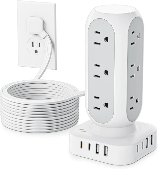 Alt view image 7 of 12 - Flat Plug Power Strip Tower 10FT, 40W Total Fast Charging Station, Dual PD 20W USB-C Surge Protector with 12 AC Outlets and 8 USB Ports (4 USB C), Long Extension Cord for Home Office Dorm Room