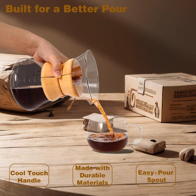 Alt view image 14 of 14 - Pour Over Coffee Maker with Reusable Stainless Steel Drip Filter, Lead-Free Borosilicate Glass Coffee Carafe with Modern Wooden Collar for 1-6Cup, Circular Clear (800ml/27oz)