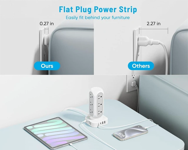 Alt view image 10 of 12 - Flat Plug Power Strip Tower 10FT, 40W Total Fast Charging Station, Dual PD 20W USB-C Surge Protector with 12 AC Outlets and 8 USB Ports (4 USB C), Long Extension Cord for Home Office Dorm Room